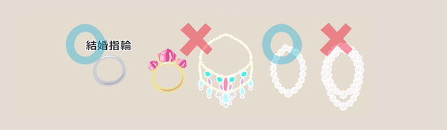 お葬式に参列するときにつけていいアクセサリーのイラスト画像。結婚指輪は大丈夫。他のアクセサリーはダメ。ただし、パール、真珠は可能。ただし、パールのネックレスを二重につけるのはダメ