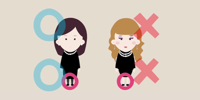 お葬式のときの適切なメイクを示したイラスト。左側の女性が正しいナチュラルメイクで右側の女性が不適切な派手なメイク。ナチュラルメイクが基本。生足は出さないようにストッキングを着用すること
